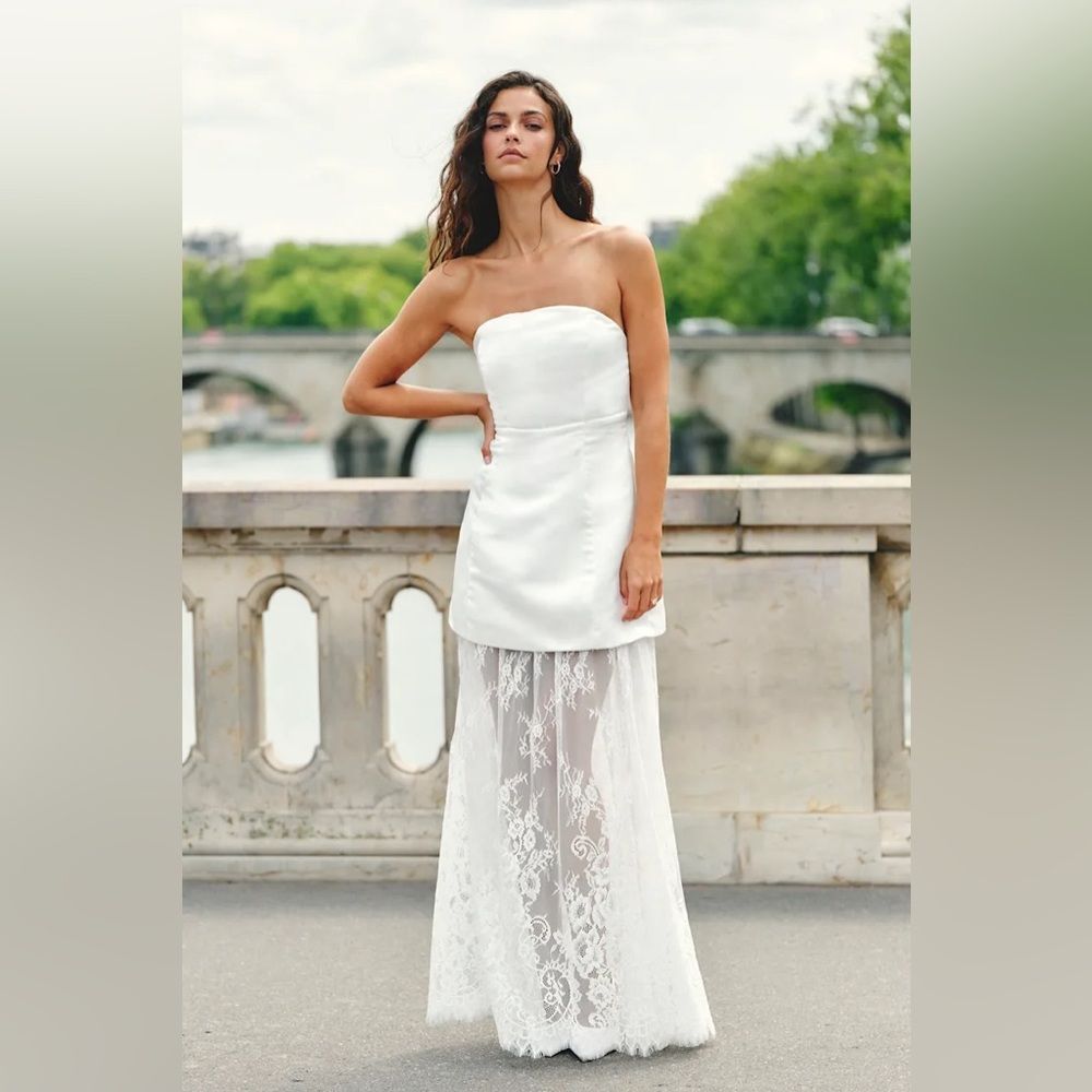 Lulus Winslet White Satin Sheer Hem Strapless Maxi Dress